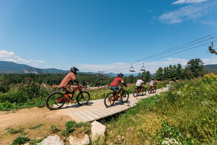 Family riding over bridge at bike park