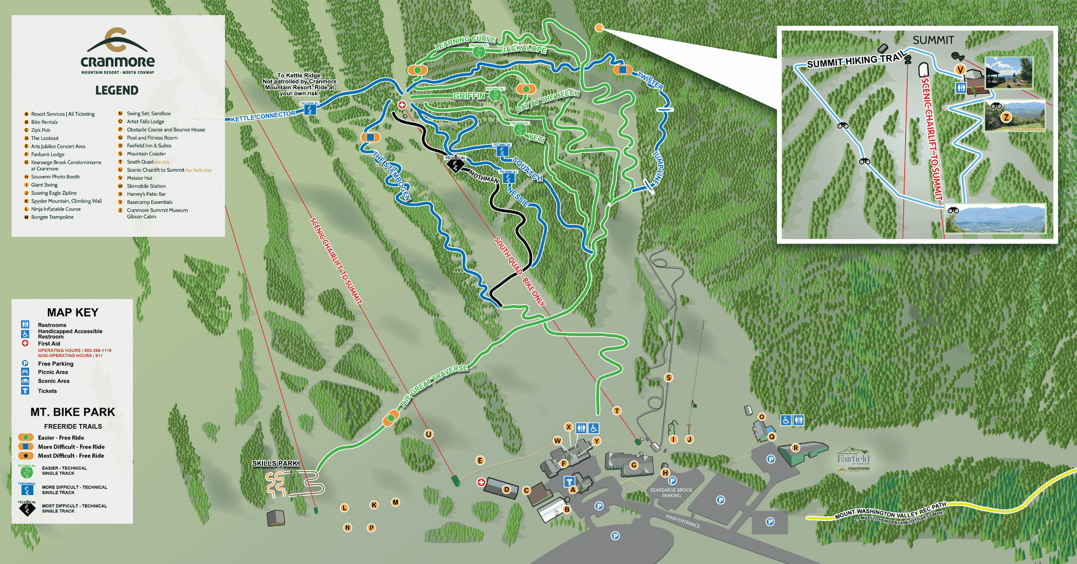 Overview map of Cranmore summer operations highlighting the location of all attractions and bike trails.