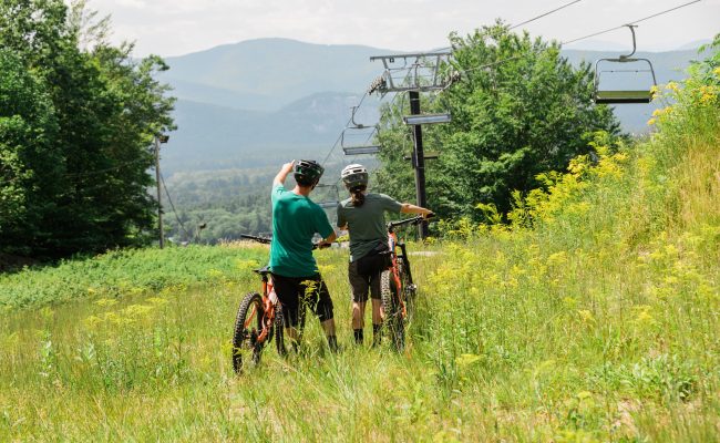 Couple standing with bikes in tall grass pointing at mountain view
